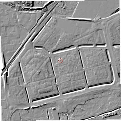 Shaded relief map of the ground around BS248EQ, computed from Environment Agency LiDAR. The ground here sits at about 6 m above sea level and falls 10 m across the surrounding 800 m. Surface water reaching this point runs off ground lying to the east-south-east, 0.9 m higher.