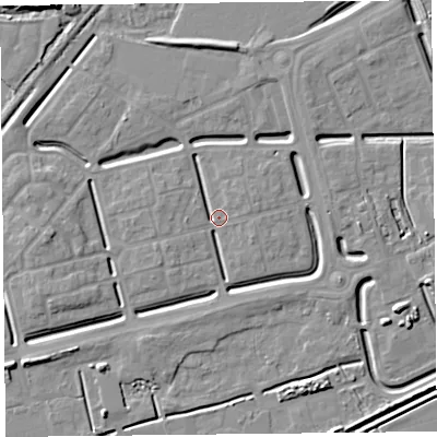 Shaded relief map of the ground around BS248ER, computed from Environment Agency LiDAR. The ground here sits at about 6 m above sea level and falls 7 m across the surrounding 800 m. Surface water reaching this point runs off ground lying to the east, 3.9 m higher.