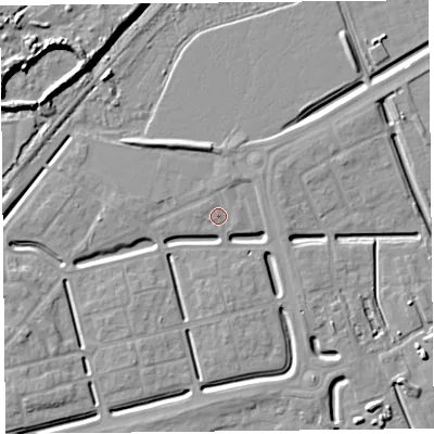 Shaded relief map of the ground around BS248ES, computed from Environment Agency LiDAR. The ground here sits at about 6 m above sea level and falls 11 m across the surrounding 800 m. Surface water reaching this point runs off ground lying to the north-north-east, 1.2 m higher.