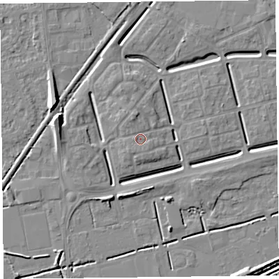 Shaded relief map of the ground around BS248ET, computed from Environment Agency LiDAR. The ground here sits at about 7 m above sea level and falls 8 m across the surrounding 800 m. Surface water reaching this point runs off ground lying to the west, 0.7 m higher.