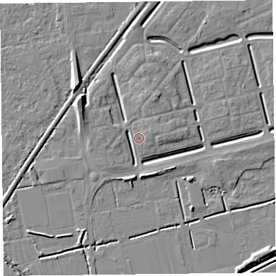 Shaded relief map of the ground around BS248EU, computed from Environment Agency LiDAR. The ground here sits at about 6 m above sea level and falls 8 m across the surrounding 800 m. Surface water reaching this point runs off ground lying to the north-north-east, 4.5 m higher.