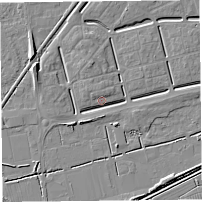 Shaded relief map of the ground around BS248EW, computed from Environment Agency LiDAR. The ground here sits at about 6 m above sea level and falls 8 m across the surrounding 800 m. Surface water reaching this point runs off ground lying to the north-north-west, 4.2 m higher.