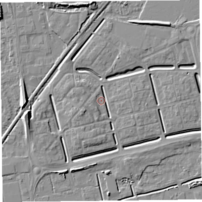 Shaded relief map of the ground around BS248EX, computed from Environment Agency LiDAR. The ground here sits at about 6 m above sea level and falls 8 m across the surrounding 800 m. Surface water reaching this point runs off ground lying to the south-west, 4.5 m higher.