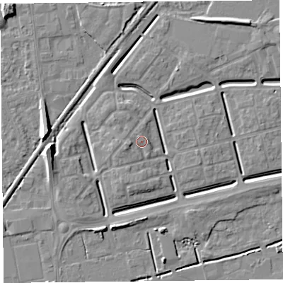 Shaded relief map of the ground around BS248EY, computed from Environment Agency LiDAR. The ground here sits at about 7 m above sea level and falls 8 m across the surrounding 800 m. Surface water reaching this point runs off ground lying to the west-south-west, 2.0 m higher.