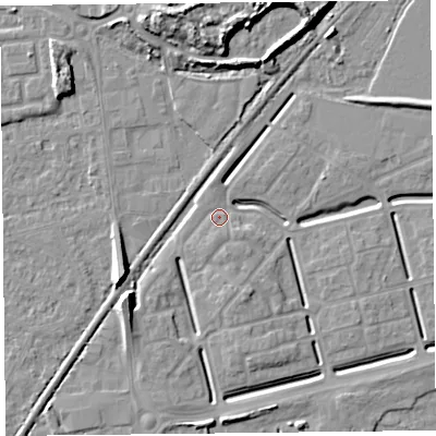 Shaded relief map of the ground around BS248FD, computed from Environment Agency LiDAR. The ground here sits at about 6 m above sea level and falls 11 m across the surrounding 800 m. Surface water reaching this point runs off ground lying to the south-south-west, 1.8 m higher.