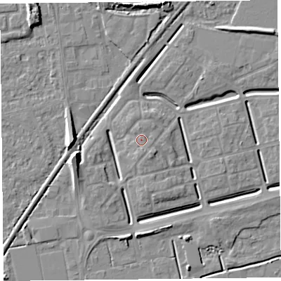 Shaded relief map of the ground around BS248FE, computed from Environment Agency LiDAR. The ground here sits at about 7 m above sea level and falls 8 m across the surrounding 800 m. Surface water reaching this point runs off ground lying to the south, 1.3 m higher.