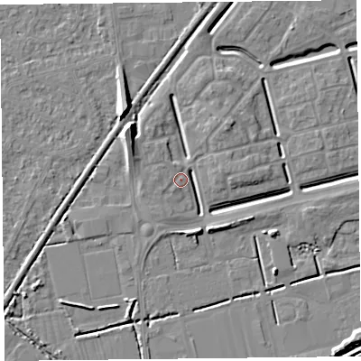 Shaded relief map of the ground around BS248FF, computed from Environment Agency LiDAR. The ground here sits at about 6 m above sea level and falls 8 m across the surrounding 800 m. Surface water reaching this point runs off ground lying to the west-north-west, 3.2 m higher.