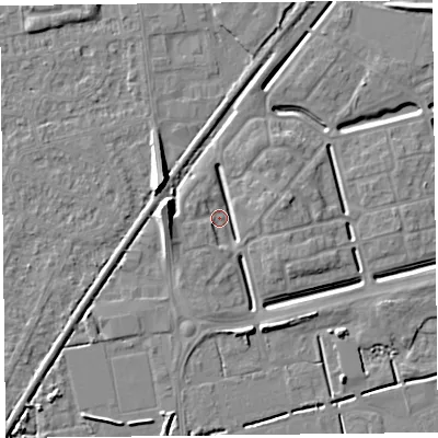Shaded relief map of the ground around BS248FG, computed from Environment Agency LiDAR. The ground here sits at about 5 m above sea level and falls 8 m across the surrounding 800 m. Surface water reaching this point runs off ground lying to the east-north-east, 4.2 m higher.