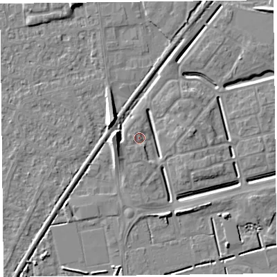 Shaded relief map of the ground around BS248FH, computed from Environment Agency LiDAR. The ground here sits at about 6 m above sea level and falls 8 m across the surrounding 800 m. Surface water reaching this point runs off ground lying to the west-south-west, 2.9 m higher.