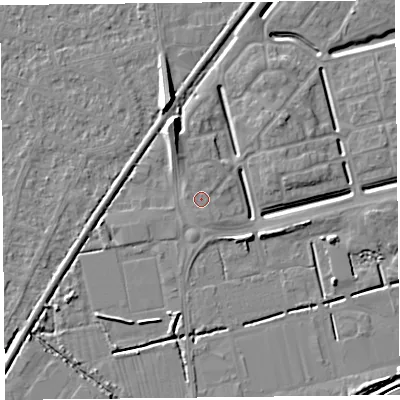 Shaded relief map of the ground around BS248FJ, computed from Environment Agency LiDAR. The ground here sits at about 6 m above sea level and falls 8 m across the surrounding 800 m. Surface water reaching this point runs off ground lying to the north, 0.8 m higher.