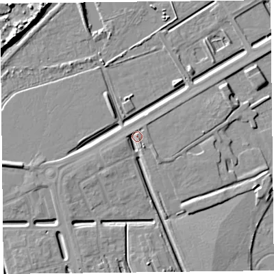 Shaded relief map of the ground around BS248FP, computed from Environment Agency LiDAR. The ground here sits at about 7 m above sea level and falls 10 m across the surrounding 800 m. Surface water reaching this point runs off ground lying to the south-south-east, 3.4 m higher.