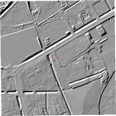 Shaded relief map of the ground around BS248FQ, computed from Environment Agency LiDAR. The ground here sits at about 6 m above sea level and falls 9 m across the surrounding 800 m. Surface water reaching this point runs off ground lying to the south, 1.1 m higher.