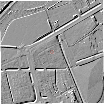 Shaded relief map of the ground around BS248FR, computed from Environment Agency LiDAR. The ground here sits at about 6 m above sea level and falls 9 m across the surrounding 800 m. Surface water reaching this point runs off ground lying to the west-north-west, 1.0 m higher.