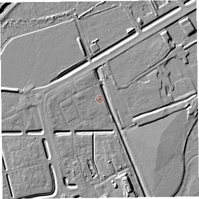 Shaded relief map of the ground around BS248FS, computed from Environment Agency LiDAR. The ground here sits at about 6 m above sea level and falls 8 m across the surrounding 800 m. Surface water reaching this point runs off ground lying to the west, 1.2 m higher.