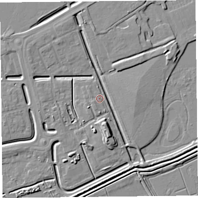 Shaded relief map of the ground around BS248FT, computed from Environment Agency LiDAR. The ground here sits at about 6 m above sea level and falls 7 m across the surrounding 800 m. Surface water reaching this point runs off ground lying to the south, 4.8 m higher.