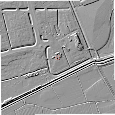 Shaded relief map of the ground around BS248FU, computed from Environment Agency LiDAR. The ground here sits at about 7 m above sea level and falls 7 m across the surrounding 800 m. Surface water reaching this point runs off ground lying to the north-north-west, 2.9 m higher.