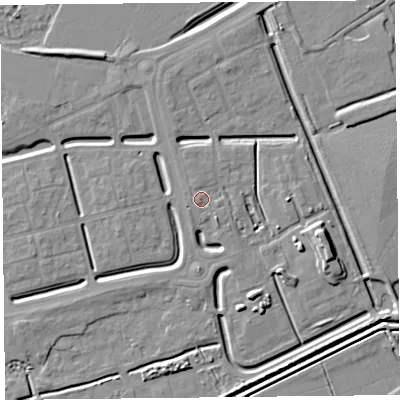 Shaded relief map of the ground around BS248FW, computed from Environment Agency LiDAR. The ground here sits at about 7 m above sea level and falls 7 m across the surrounding 800 m. Surface water reaching this point runs off ground lying to the south-west, 0.7 m higher.