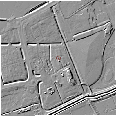 Shaded relief map of the ground around BS248FX, computed from Environment Agency LiDAR. The ground here sits at about 6 m above sea level and falls 7 m across the surrounding 800 m. Surface water reaching this point runs off ground lying to the east, 0.5 m higher.