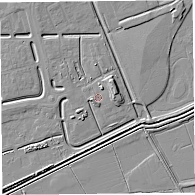 Shaded relief map of the ground around BS248FY, computed from Environment Agency LiDAR. The ground here sits at about 6 m above sea level and falls 7 m across the surrounding 800 m. Surface water reaching this point runs off ground lying to the west-south-west, 2.4 m higher.