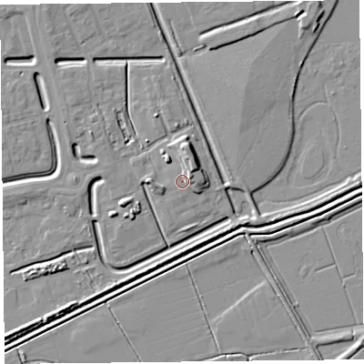 Shaded relief map of the ground around BS248FZ, computed from Environment Agency LiDAR. The ground here sits at about 6 m above sea level and falls 7 m across the surrounding 800 m. Surface water reaching this point runs off ground lying to the north-east, 3.1 m higher.