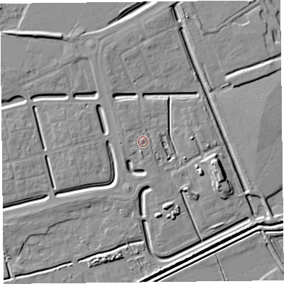 Shaded relief map of the ground around BS248GA, computed from Environment Agency LiDAR. The ground here sits at about 7 m above sea level and falls 7 m across the surrounding 800 m. Surface water reaching this point runs off ground lying to the south-south-east, 1.3 m higher.