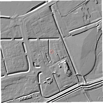 Shaded relief map of the ground around BS248GB, computed from Environment Agency LiDAR. The ground here sits at about 6 m above sea level and falls 7 m across the surrounding 800 m. Surface water reaching this point runs off ground lying to the south-east, 7.0 m higher.