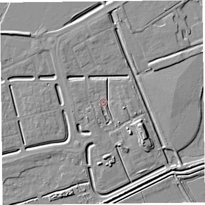 Shaded relief map of the ground around BS248GD, computed from Environment Agency LiDAR. The ground here sits at about 6 m above sea level and falls 7 m across the surrounding 800 m. Surface water reaching this point runs off ground lying to the east-south-east, 7.0 m higher.