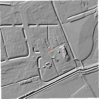 Shaded relief map of the ground around BS248GE, computed from Environment Agency LiDAR. The ground here sits at about 5 m above sea level and falls 7 m across the surrounding 800 m. Surface water reaching this point runs off ground lying to the east, 5.5 m higher.