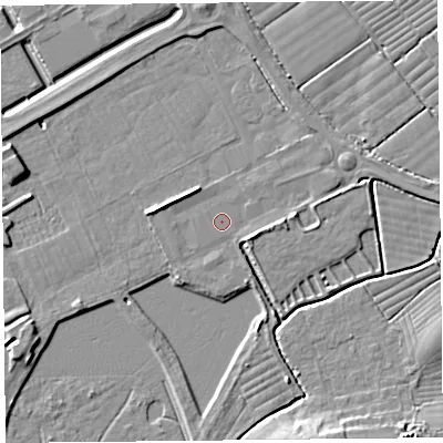 Shaded relief map of the ground around BS248RA, computed from Environment Agency LiDAR. The ground here sits at about 5 m above sea level and falls 6 m across the surrounding 800 m. Surface water reaching this point runs off ground lying to the east-south-east, 2.3 m higher.