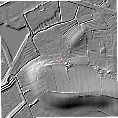 Shaded relief map of the ground around BS248RJ, computed from Environment Agency LiDAR. The ground here sits at about 6 m above sea level and falls 10 m across the surrounding 800 m. Surface water reaching this point runs off ground lying to the south, 7.8 m higher.