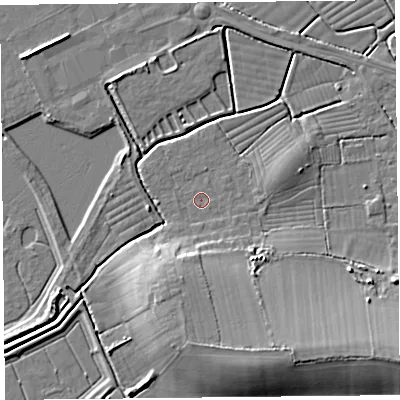 Shaded relief map of the ground around BS248RQ, computed from Environment Agency LiDAR. The ground here sits at about 5 m above sea level and falls 10 m across the surrounding 800 m. Surface water reaching this point runs off ground lying to the south, 8.1 m higher.
