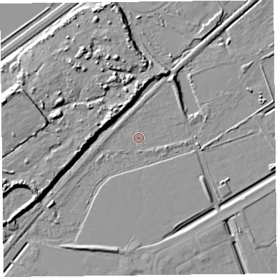 Shaded relief map of the ground around BS248RX, computed from Environment Agency LiDAR. The ground here sits at about 5 m above sea level and falls 13 m across the surrounding 800 m. Surface water reaching this point runs off ground lying to the south-south-west, 3.7 m higher.