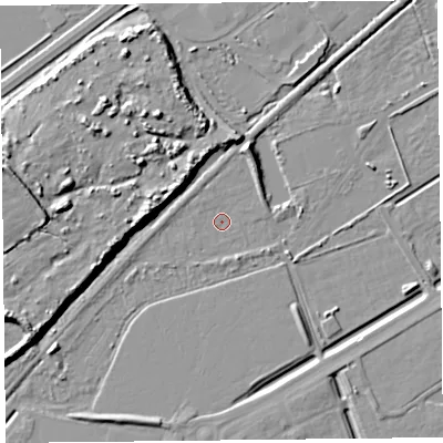 Shaded relief map of the ground around BS248RY, computed from Environment Agency LiDAR. The ground here sits at about 5 m above sea level and falls 12 m across the surrounding 800 m. Surface water reaching this point runs off ground lying to the west, 11.1 m higher.
