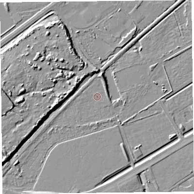 Shaded relief map of the ground around BS248RZ, computed from Environment Agency LiDAR. The ground here sits at about 5 m above sea level and falls 12 m across the surrounding 800 m. Surface water reaching this point runs off ground lying to the west, 11.1 m higher.
