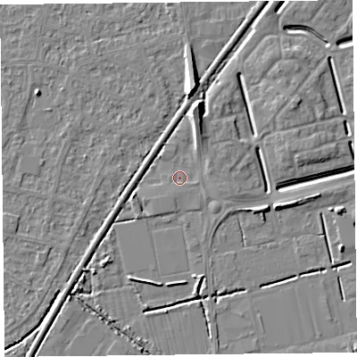 Shaded relief map of the ground around BS249AA, computed from Environment Agency LiDAR. The ground here sits at about 5 m above sea level and falls 8 m across the surrounding 800 m. Surface water reaching this point runs off ground lying to the north-north-east, 6.4 m higher.