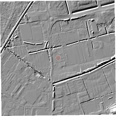 Shaded relief map of the ground around BS249AB, computed from Environment Agency LiDAR. The ground here sits at about 5 m above sea level and falls 7 m across the surrounding 800 m. Surface water reaching this point runs off ground lying to the south-east, 2.6 m higher.