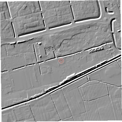 Shaded relief map of the ground around BS249AD, computed from Environment Agency LiDAR. The ground here sits at about 5 m above sea level and falls 5 m across the surrounding 800 m. Surface water reaching this point runs off ground lying to the east-south-east, 4.6 m higher.