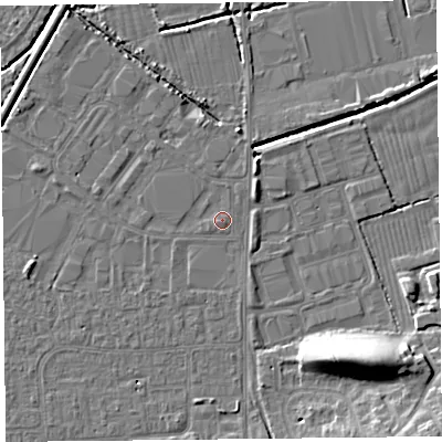 Shaded relief map of the ground around BS249AL, computed from Environment Agency LiDAR. The ground here sits at about 6 m above sea level and falls 11 m across the surrounding 800 m. Surface water reaching this point runs off ground lying to the south-south-east, 1.1 m higher.