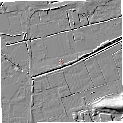 Shaded relief map of the ground around BS249AN, computed from Environment Agency LiDAR. The ground here sits at about 6 m above sea level and falls 14 m across the surrounding 800 m. Surface water reaching this point runs off ground lying to the south, 1.2 m higher.