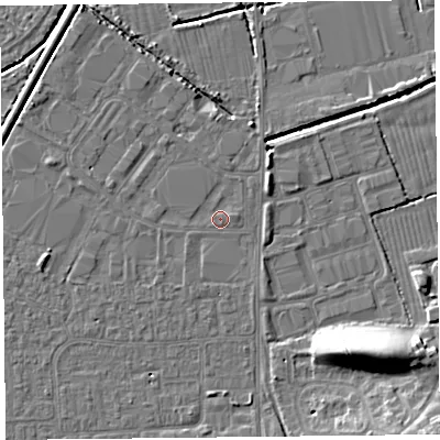 Shaded relief map of the ground around BS249AP, computed from Environment Agency LiDAR. The ground here sits at about 6 m above sea level and falls 11 m across the surrounding 800 m. Surface water reaching this point runs off ground lying to the east-north-east, 0.7 m higher.