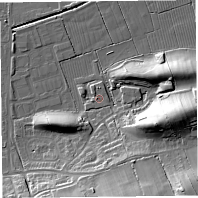 Shaded relief map of the ground around BS249AR, computed from Environment Agency LiDAR. The ground here sits at about 7 m above sea level and falls 27 m across the surrounding 800 m. Surface water reaching this point runs off ground lying to the west-north-west, 0.9 m higher.