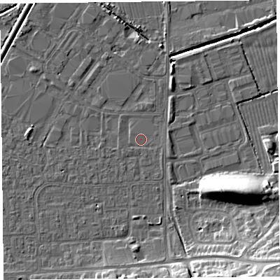 Shaded relief map of the ground around BS249AT, computed from Environment Agency LiDAR. The ground here sits at about 5 m above sea level and falls 14 m across the surrounding 800 m. The ground contributing surface water to this point lies to the south-west.