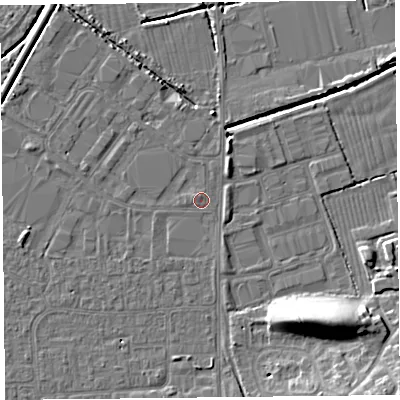 Shaded relief map of the ground around BS249AU, computed from Environment Agency LiDAR. The ground here sits at about 6 m above sea level and falls 11 m across the surrounding 800 m. Surface water reaching this point runs off ground lying to the south-south-east, 1.1 m higher.