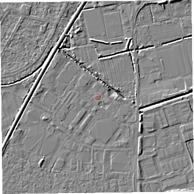 Shaded relief map of the ground around BS249AX, computed from Environment Agency LiDAR. The ground here sits at about 6 m above sea level and falls 4 m across the surrounding 800 m. Surface water reaching this point runs off ground lying to the west-south-west, 1.0 m higher.