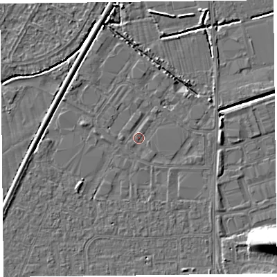 Shaded relief map of the ground around BS249AY, computed from Environment Agency LiDAR. The ground here sits at about 6 m above sea level and falls 11 m across the surrounding 800 m. Surface water reaching this point runs off ground lying to the north-north-east, 1.1 m higher.