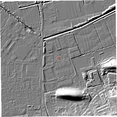 Shaded relief map of the ground around BS249BG, computed from Environment Agency LiDAR. The ground here sits at about 5 m above sea level and falls 14 m across the surrounding 800 m. Surface water reaching this point runs off ground lying to the south-south-east, 9.7 m higher.
