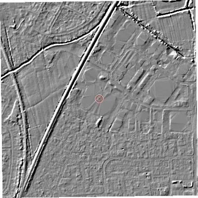 Shaded relief map of the ground around BS249BH, computed from Environment Agency LiDAR. The ground here sits at about 5 m above sea level and falls 4 m across the surrounding 800 m. The ground contributing surface water to this point lies to the west-south-west.