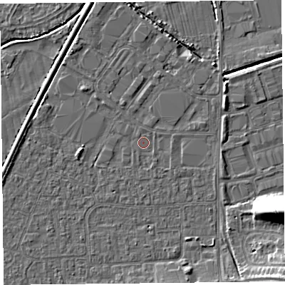 Shaded relief map of the ground around BS249BL, computed from Environment Agency LiDAR. The ground here sits at about 5 m above sea level and falls 11 m across the surrounding 800 m. Surface water reaching this point runs off ground lying to the east, 0.6 m higher.
