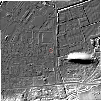Shaded relief map of the ground around BS249BN, computed from Environment Agency LiDAR. The ground here sits at about 5 m above sea level and falls 21 m across the surrounding 800 m. Surface water reaching this point runs off ground lying to the north-east, 0.9 m higher.
