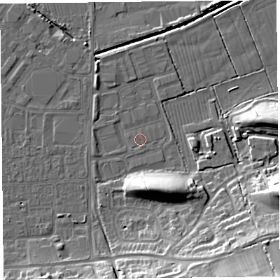 Shaded relief map of the ground around BS249BP, computed from Environment Agency LiDAR. The ground here sits at about 5 m above sea level and falls 19 m across the surrounding 800 m. Surface water reaching this point runs off ground lying to the south-south-east, 9.5 m higher.